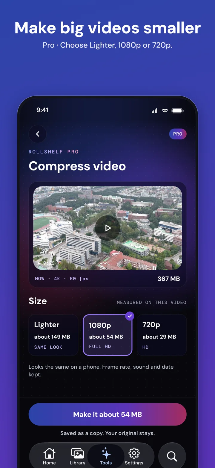 Compress video: choose Lighter, 1080p or 720p