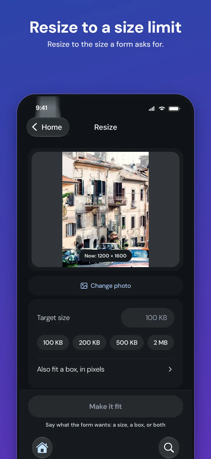 Resize a photo to a size limit