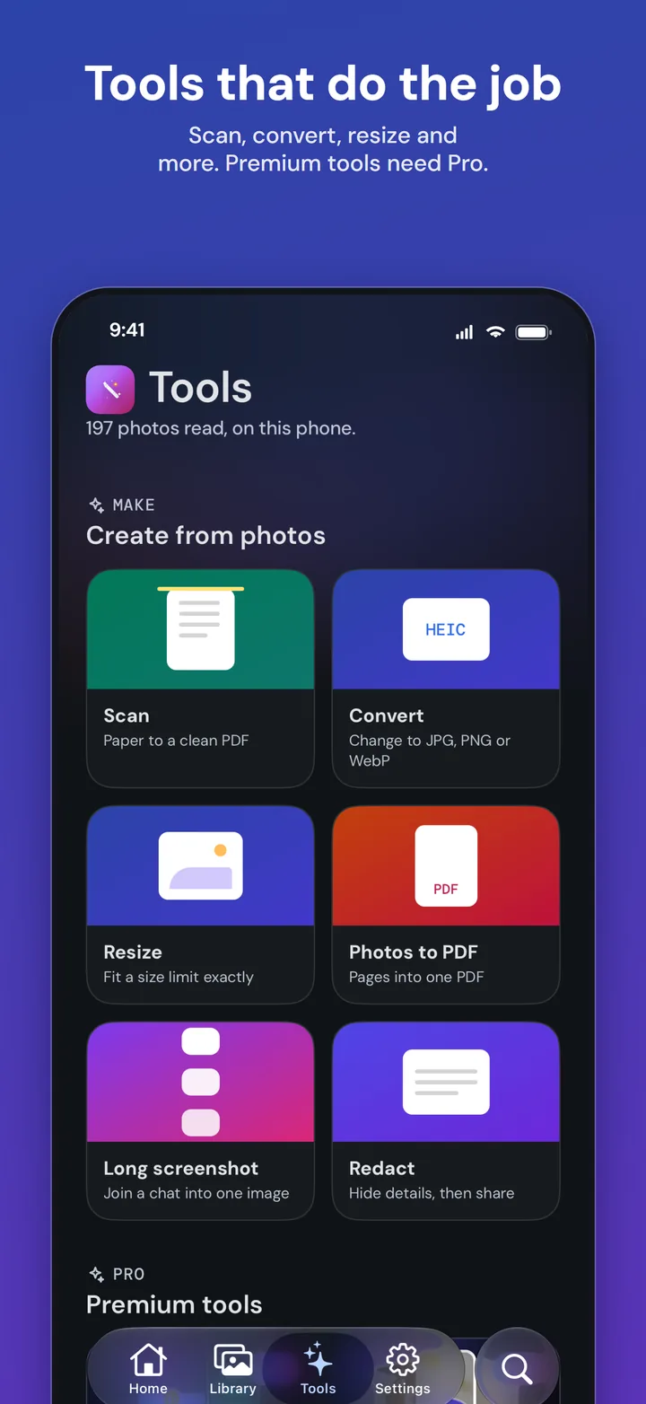 The Tools tab: Scan, Convert, Resize, Photos to PDF, Long screenshot, Redact